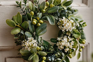 Decorative green and white floral wreath with berries hanging on, a Holiday Photo by José Manuel Gelpi