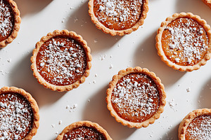 Delicious mini tarts topped with powdered sugar on a light background, a Photo by AlyaAnd