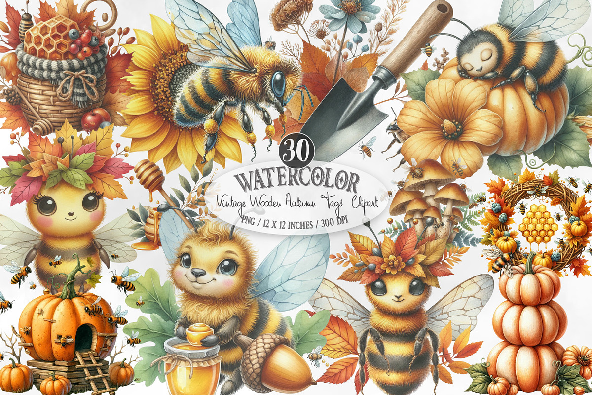 Watercolor Autumn Bees Garden PNG, an Illustration by Designking (Photo 1 of 4)