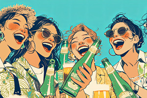Group of young women enjoying beverages and laughing under a blue sky, an Illustration by AS photostudio