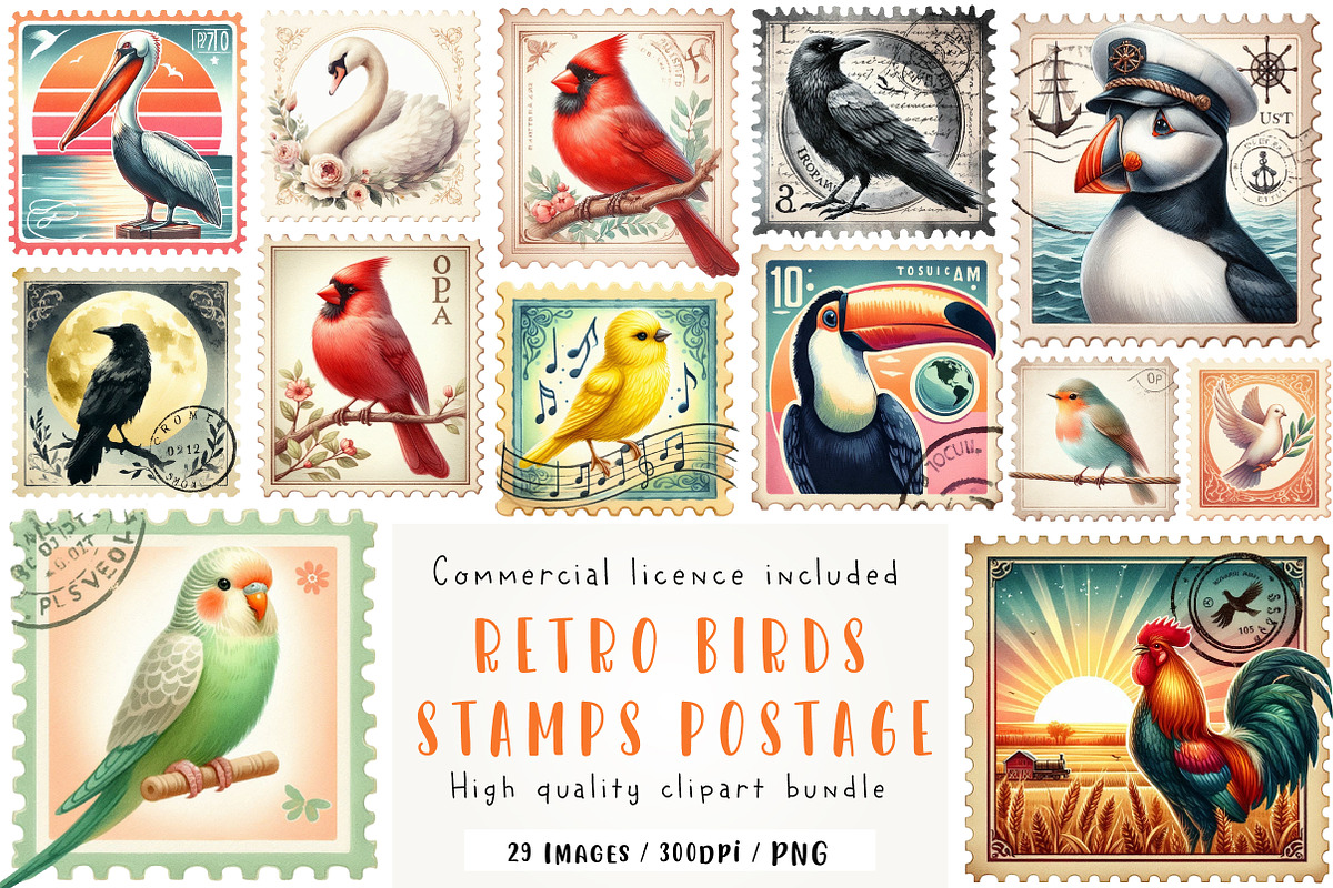 Retro Birds Stamps Postage Clipart, an Illustration by CreationArt (Photo 1 of 5)