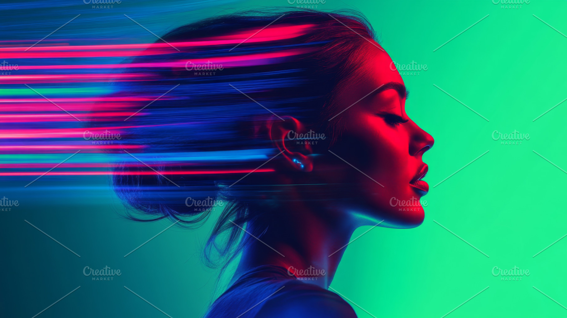 Futuristic Digital Art Portrait with Neon Light Streaks, an Abstract Photo by Natalia Klenova's Shop