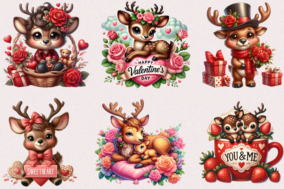 Valentine Cute Reindeer Clipart, a Seasonal Illustration by Craft Nest (Photo 2 of 5)