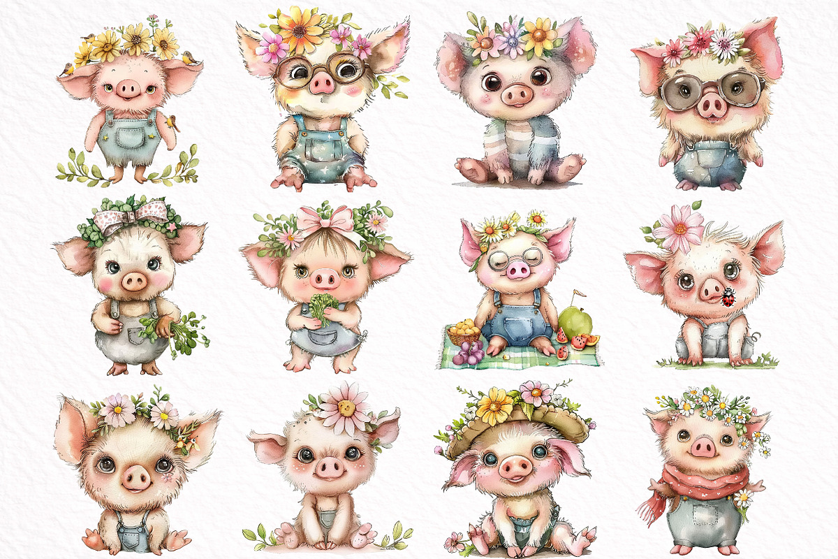 Whimsical Summer Pig Clipart, an Illustration by DreamArtGraphic (Photo 2 of 8)