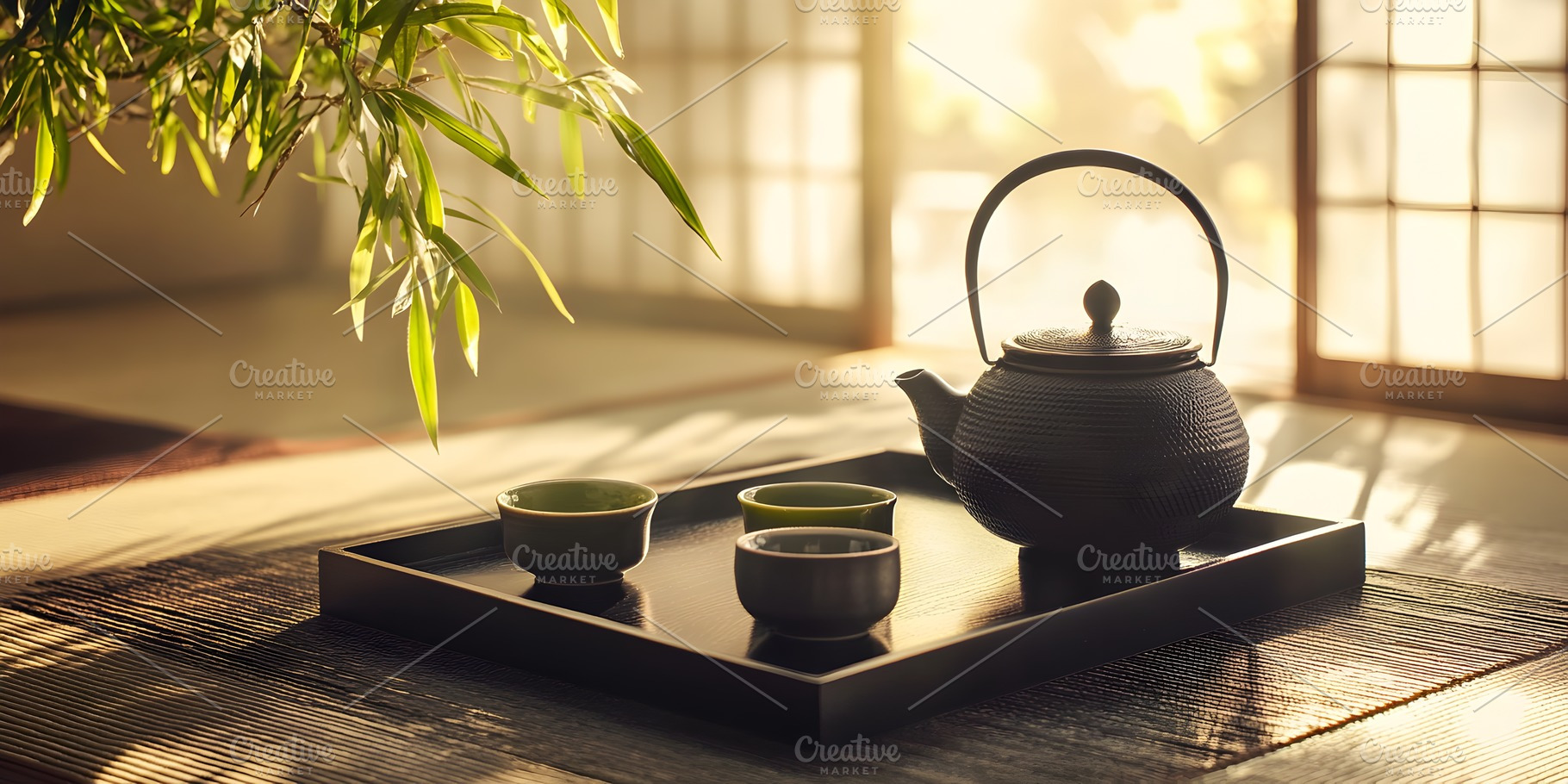 Japanese tea ceremony setup with cast iron teapot, a Food & Drink Photo by Photostock