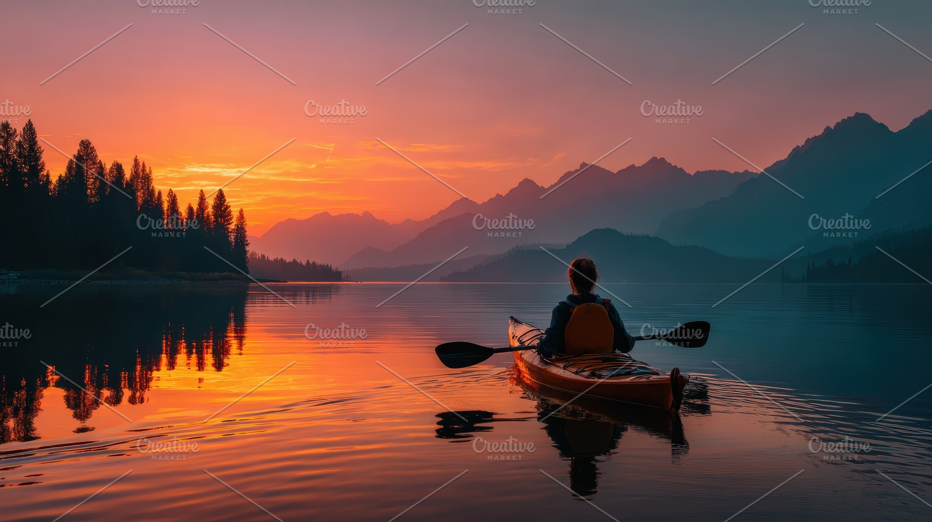 Kayaking at Sunset Majestic Mountain, a Photo by Pixeness Studio