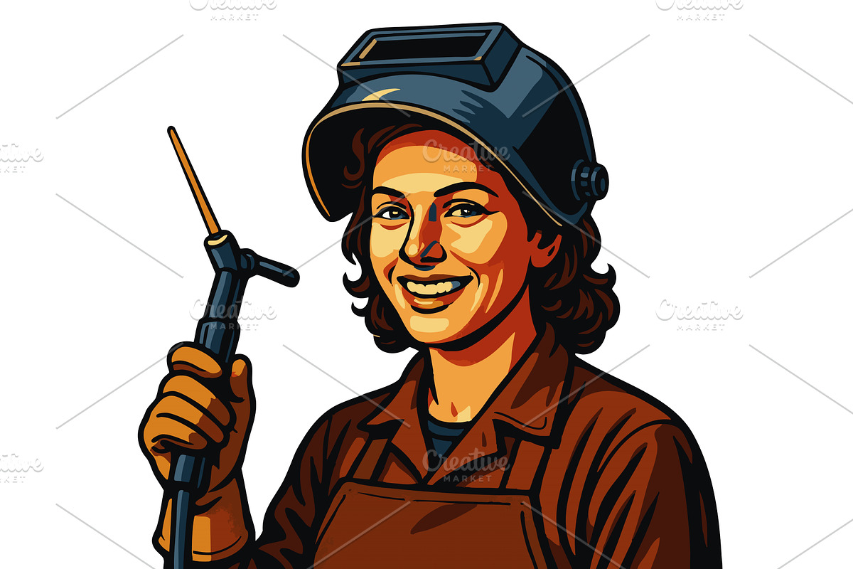 Smiling Female Welder Holding Torch, an Illustration by AlexArt