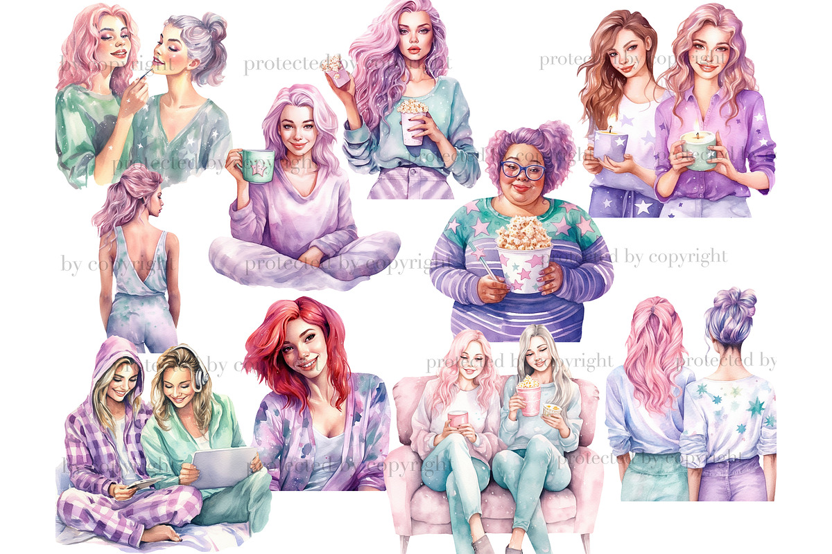Pajama Party Girls Clipart Lazy Day, a Person Illustration by GlamArtZhanna (Photo 3 of 5)