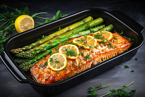 Baked salmon with green asparagus and slices of lemon in pan on black backgroun, a Food & Drink Photo by AlyaAnd