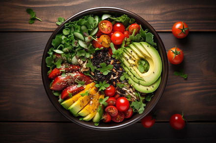 Salad bowl with avocado, tomatoes, cucumbers