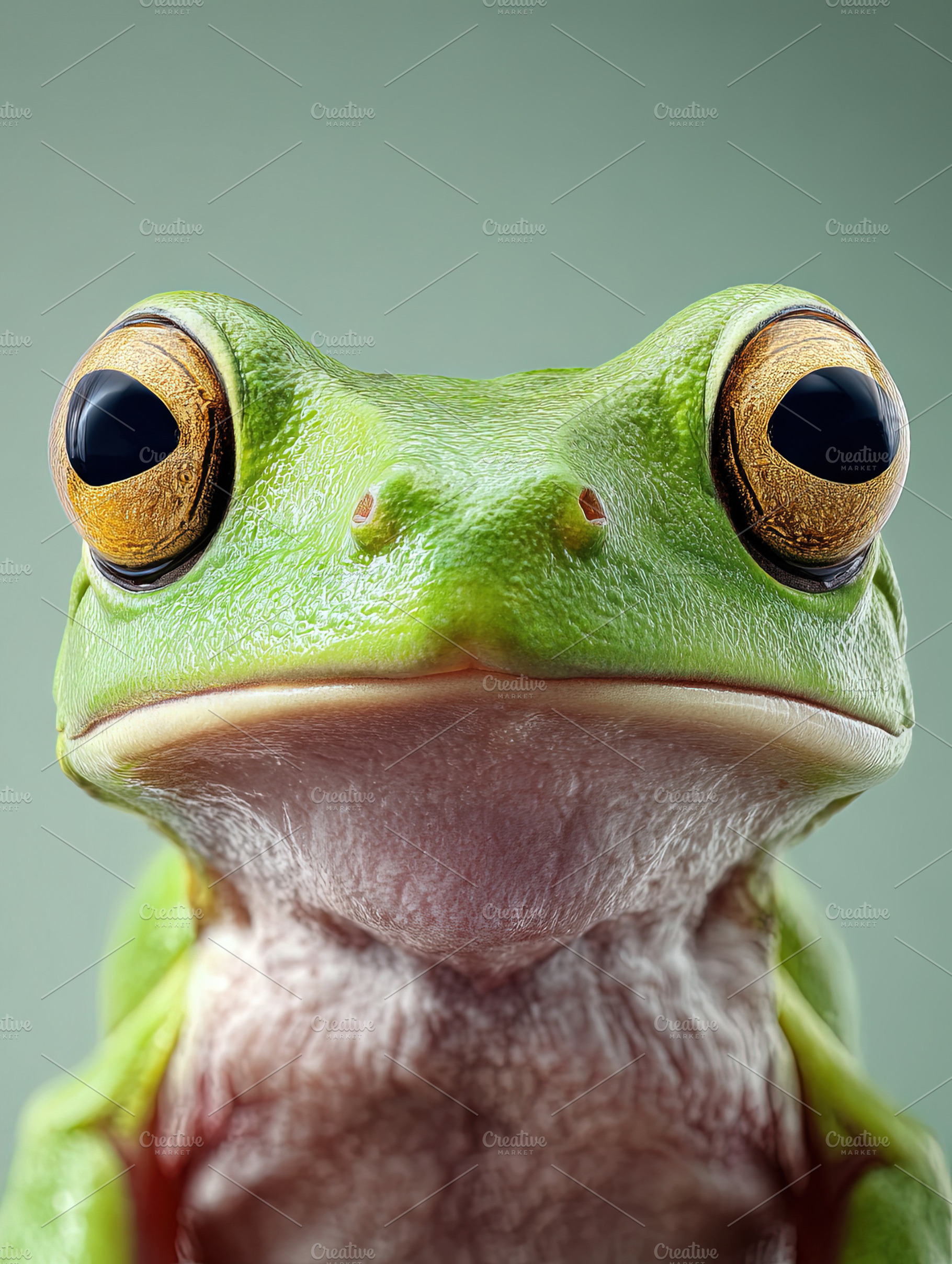 Vivid close-up of a green tree frog against a neutral background, an Animal Photo by Ales Munt