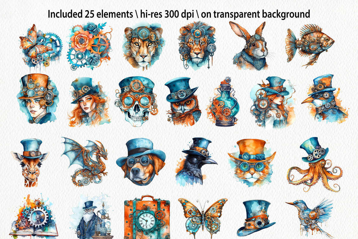 Watercolor Steampunk Clipart, an Animal Illustration by ArtIrisArt (Photo 2 of 8)