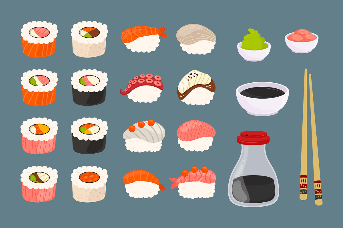 Sushi Set, Japanese Restaurant Food, a Food Illustration by ArtVarStudio (Photo 2 of 3)