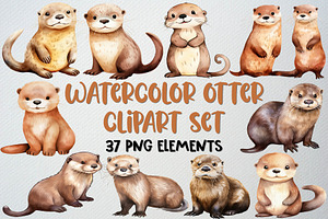 Watercolor Otter Clipart Set, 37 PNG