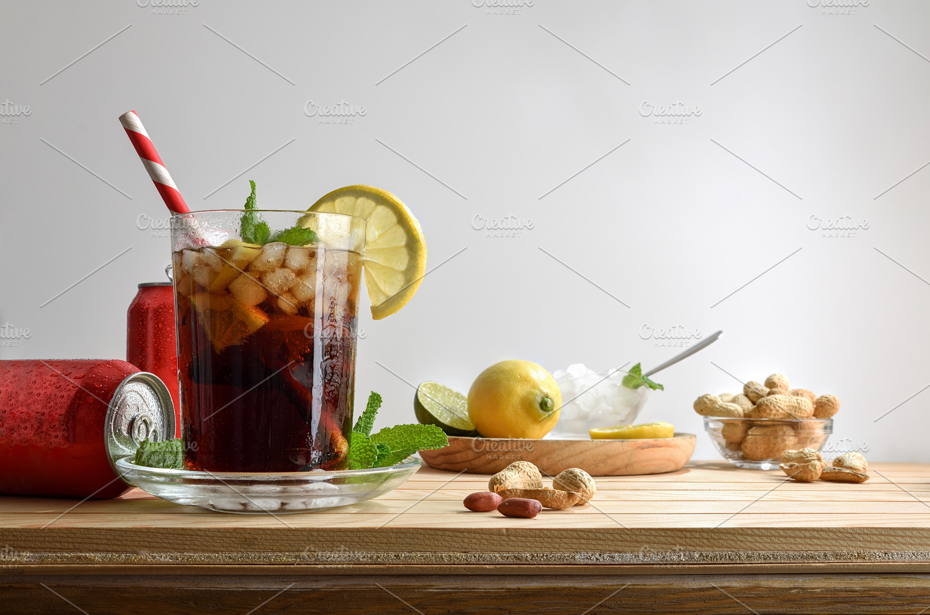 Refreshing carbonated cola drink on table with white isolated ba, a Food & Drink Photo by Davizro's Market