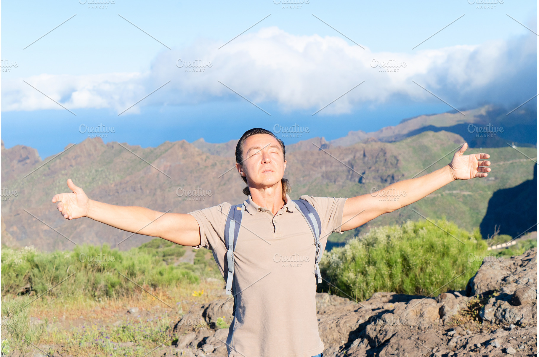 Happy middle aged man traveler while, a Sports & Recreation Photo by Neirfy