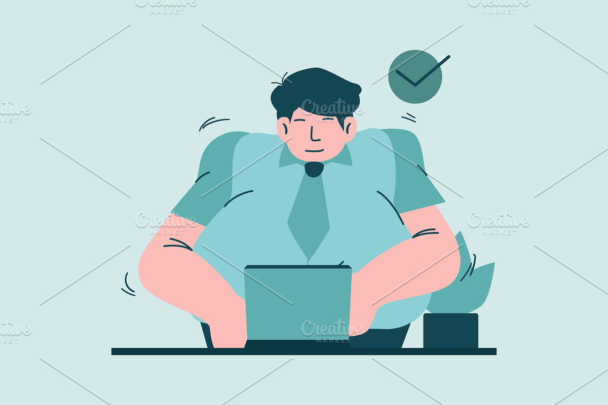 Fat Businessman Working on Computer, a Person Illustration by Ahmad_Studio