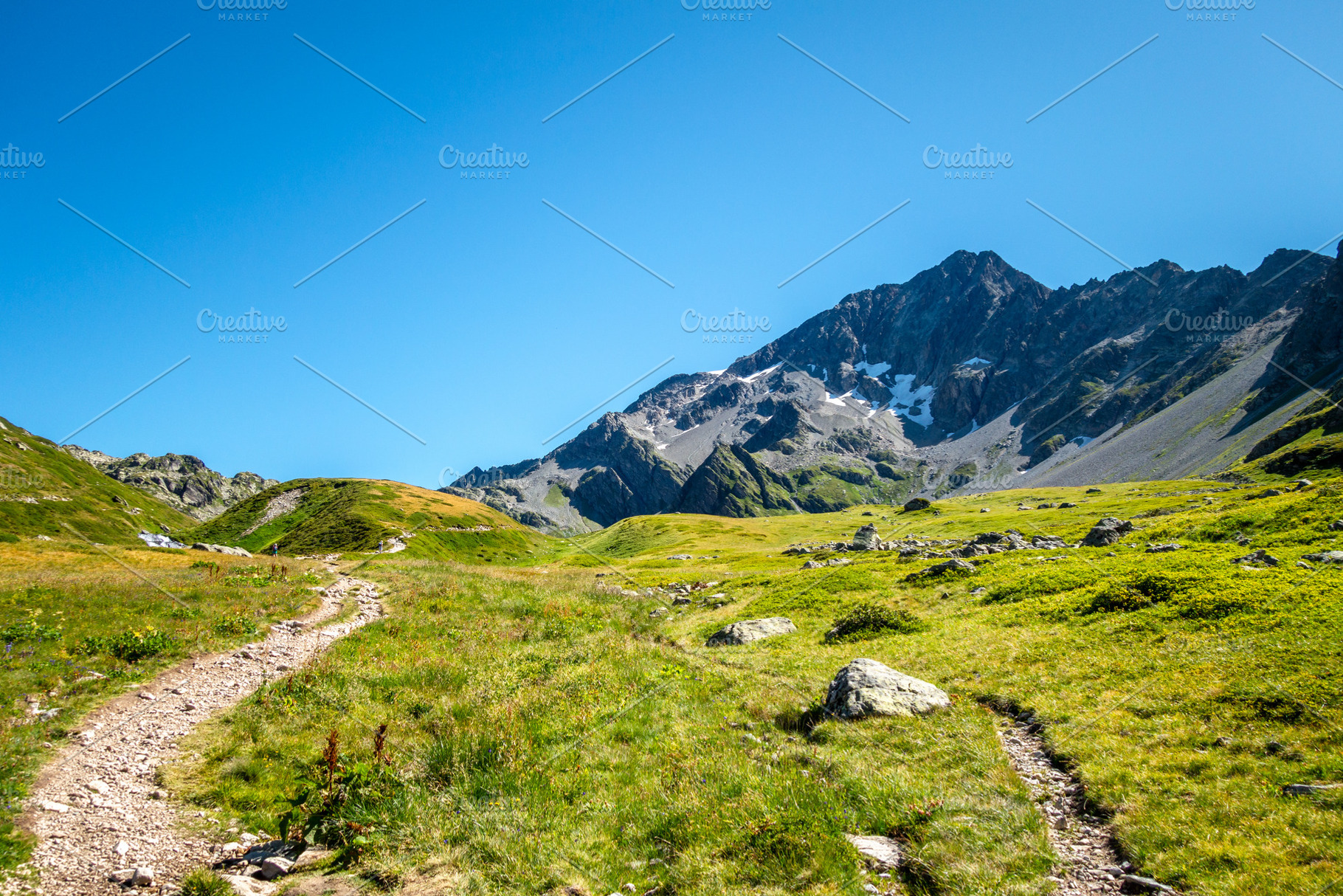 Hiking trail through alpine meadow at Contamines Montjoie, Franc, a Nature Photo by GoodGoods