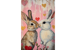 Bunny Couple Kissing Pink Wall Art, an Animal Illustration by Art Paradise Studios