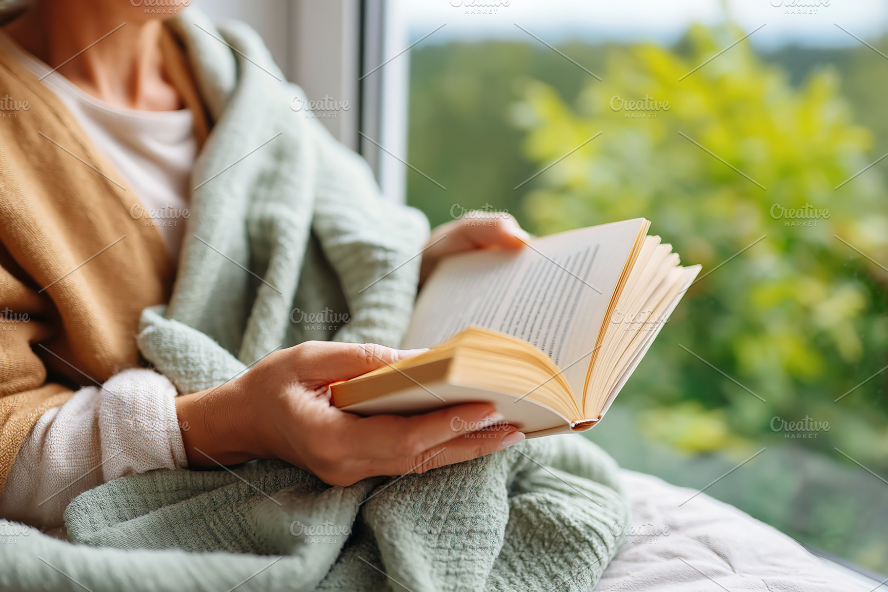 Enjoying a peaceful morning with a hardcover book wrapped in a cozy blanket bes, a Photo by AlyaAnd