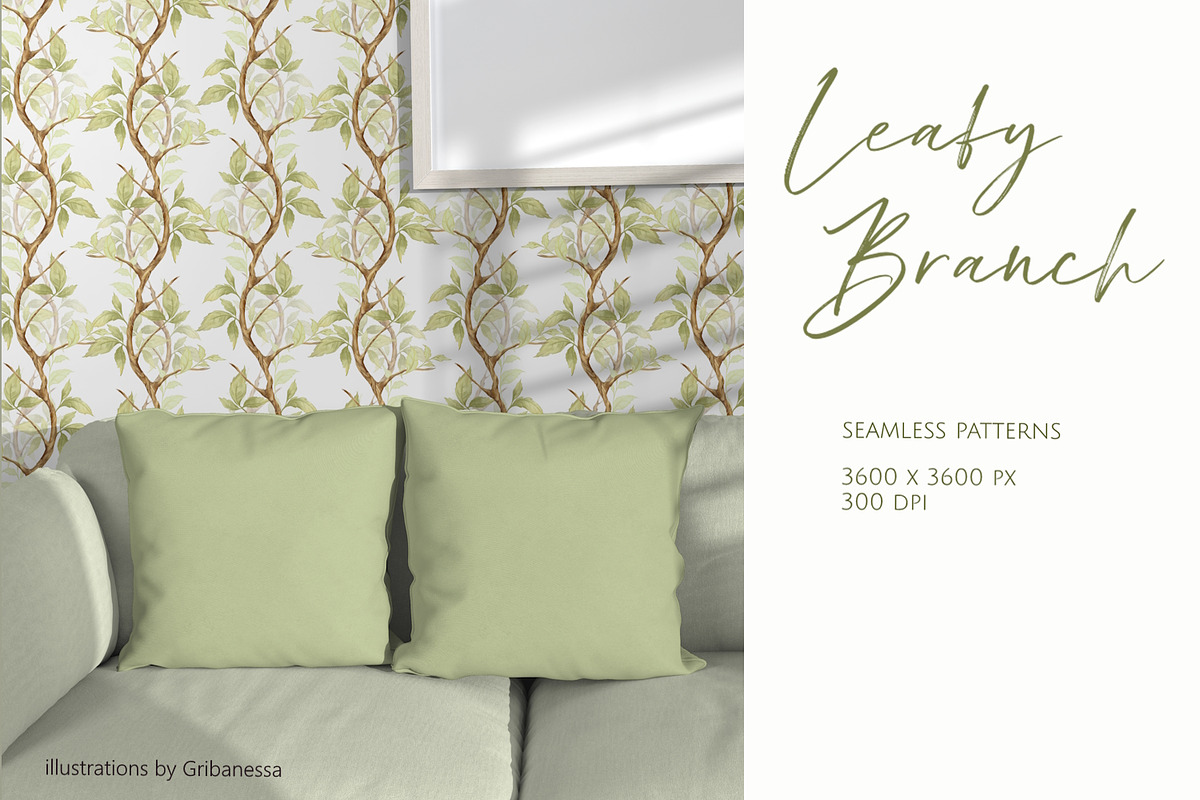 Green leafy seamless patterns, a Decorative Illustration by Gribanessa (Photo 4 of 5)