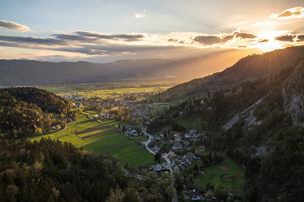 Villages and fields at sunset containing field, village, and grass, a Nature Photo by Dreamy Pixel