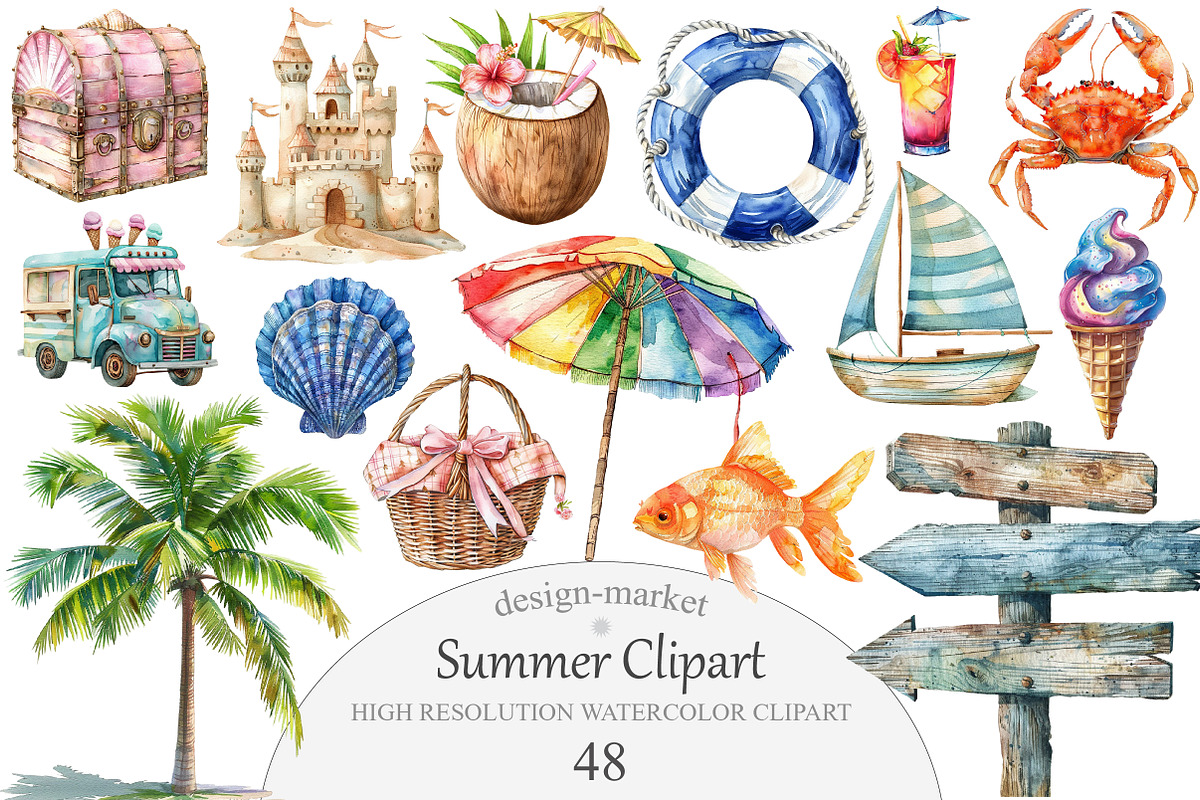 Watercolor Summer Clipart, an Illustration by Design Market (Photo 1 of 5)
