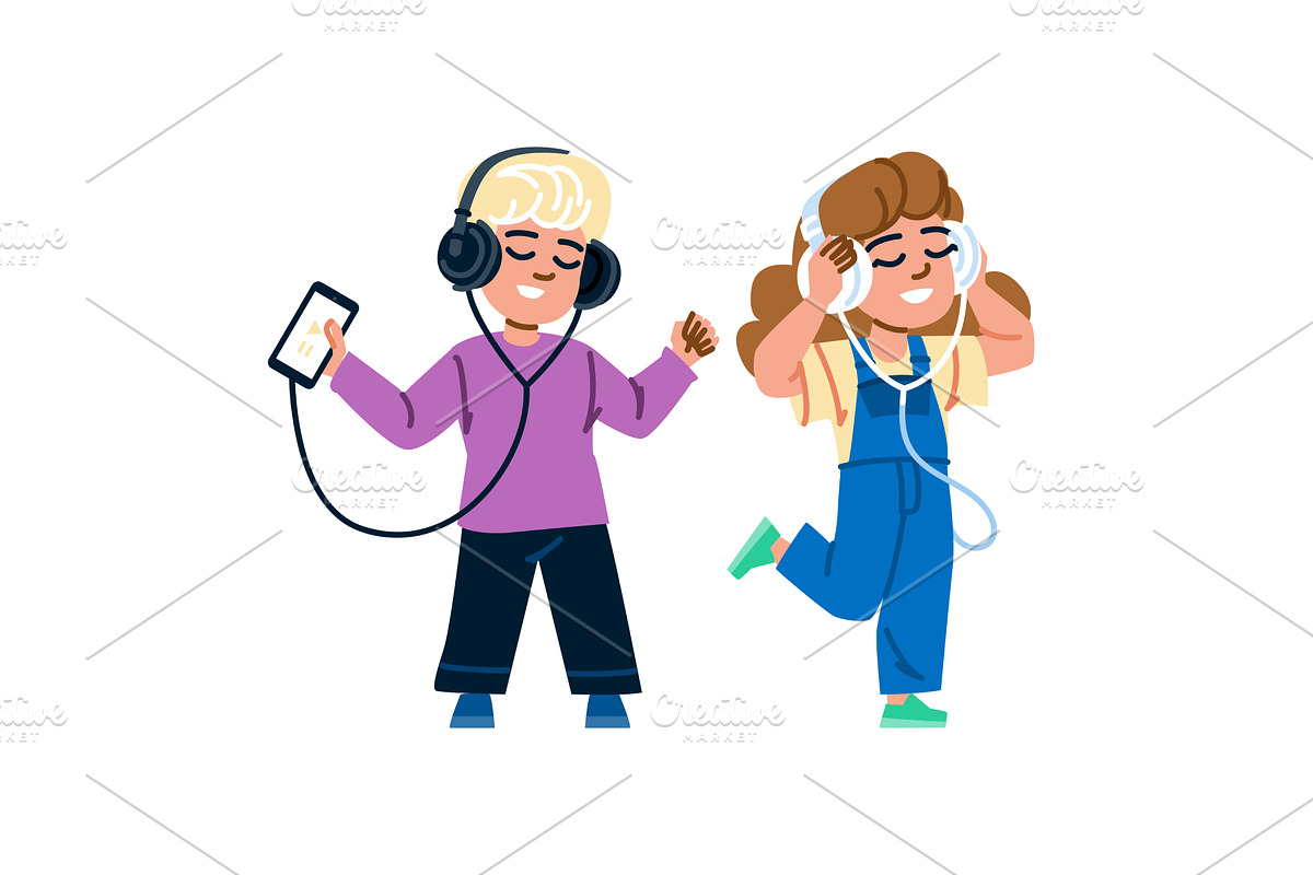 Happy kids listening to music on, a Technology Illustration by pikepicture