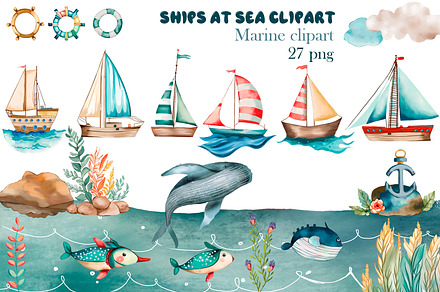 Funny ships at Sea, Cute Nautical, an Illustration by ElenazlataArt