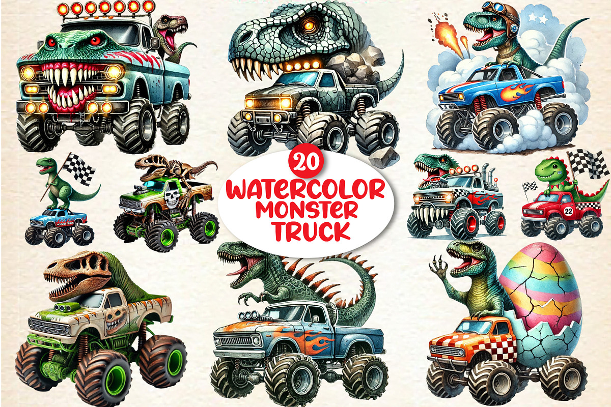 T-Rex Dinosaur Monster Truck, a Seasonal Illustration by DreamArtGraphic (Photo 1 of 5)