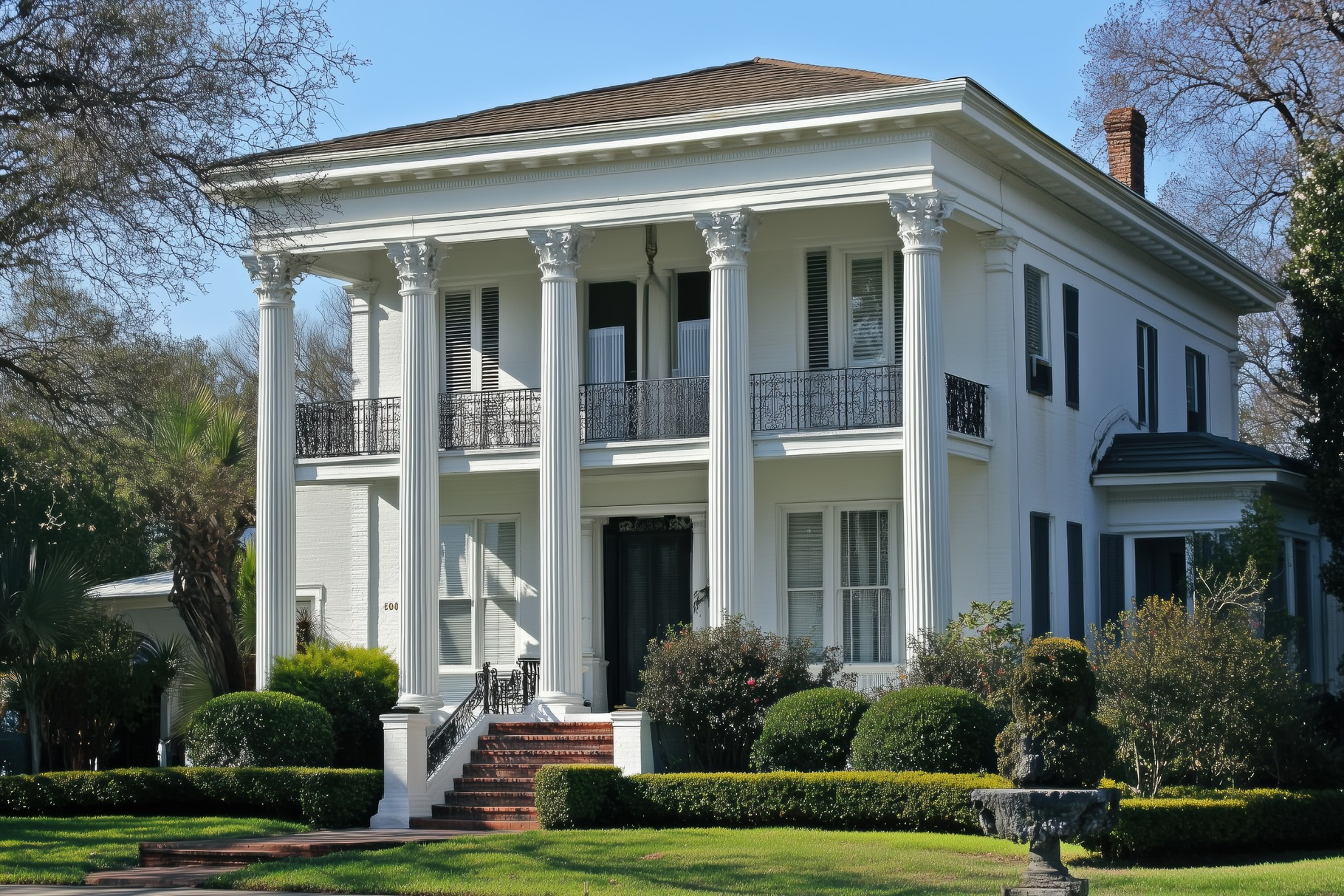 A grand white Greek Revival house style mansion with classic ...