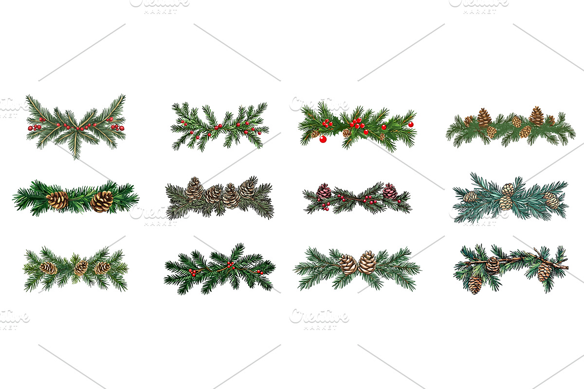 Christmas tree branch border set, an Object Illustration by Valerie Bodnar