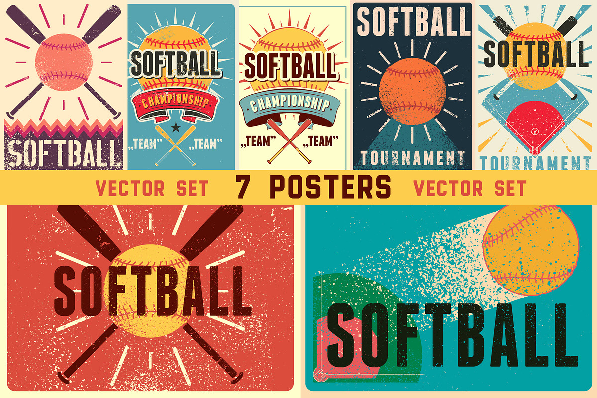 Softball vector poster set., a Sport Illustration by PoPaShop (Photo 1 of 8)