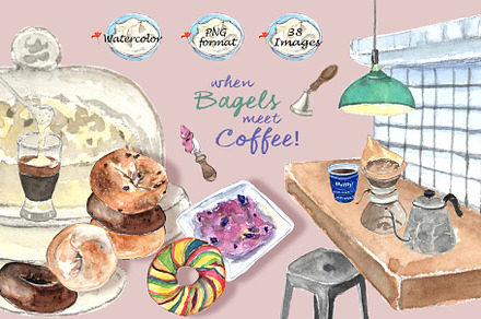 Bagels & Coffee-Watercolor Clipart