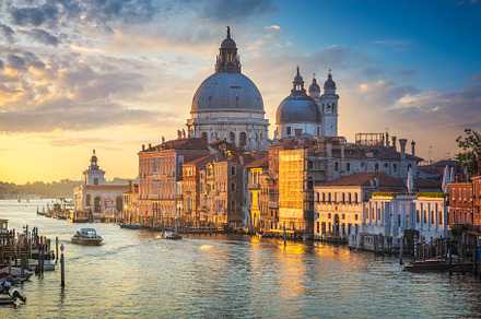 Venice grand canal at sunrise italy containing venice, church, and italy, an Architecture Photo by Stefano Orazzini