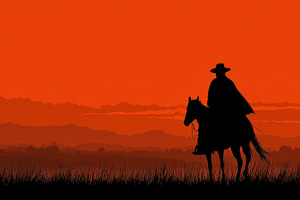 Cowboy silhouette on horseback during dramatic red sunset over w, a Person Photo by José Manuel Gelpi
