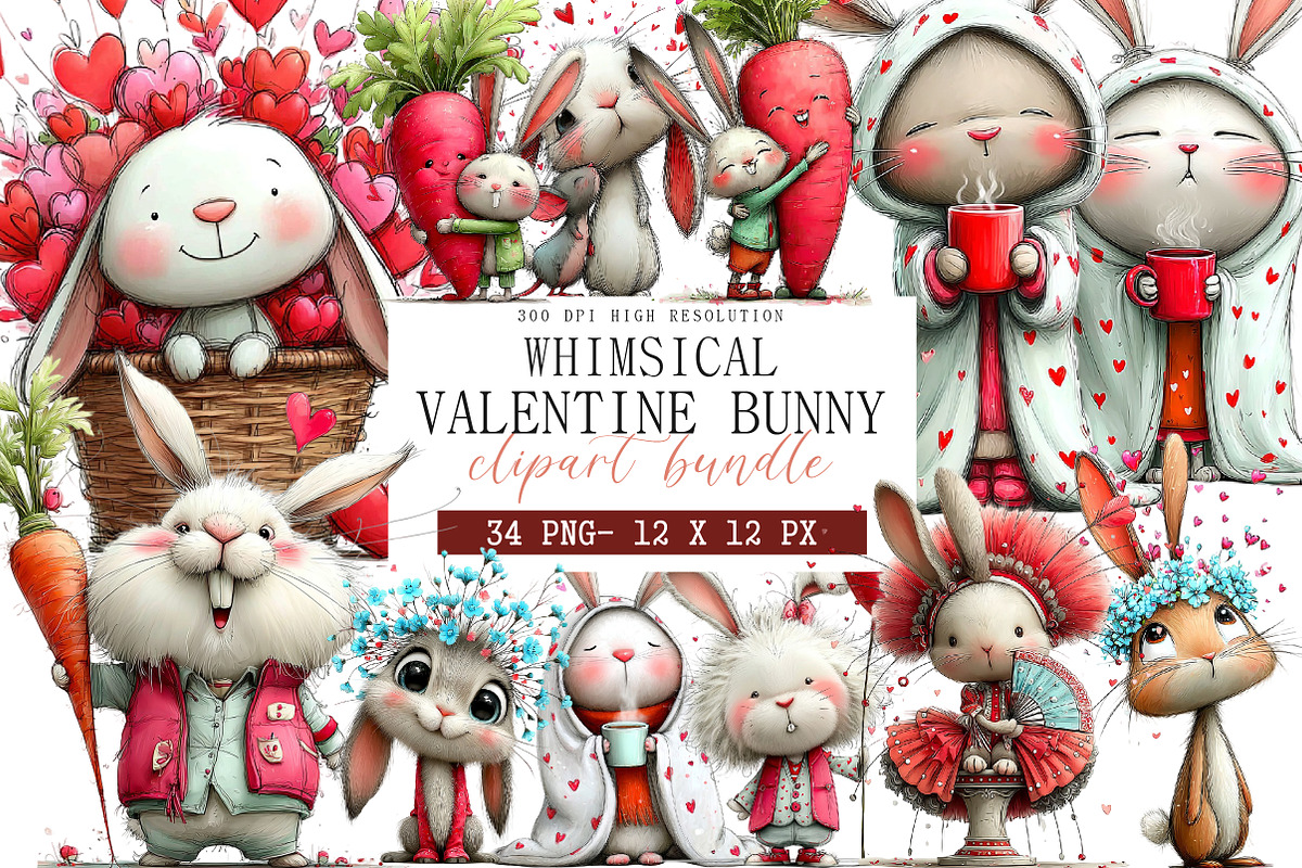 Whimsical Valentine Bunny Clipart, an Illustration by DreamArtGraphic (Photo 1 of 4)