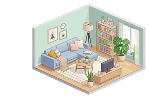 Isometric 3D render of living room, an Object Illustration by Nurlan's shop