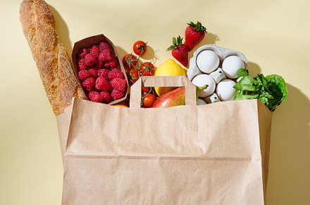 Full paper grocery bag with healthy products. Organic food conce, a Food & Drink Photo by Asya Nurullina