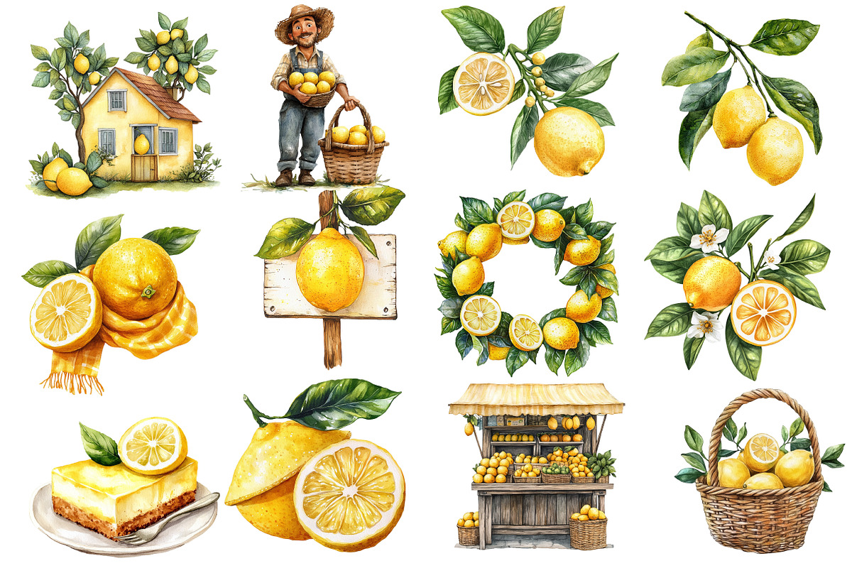 Lemon Farm Watercolor Clipart, an Illustration by Designworld (Photo 2 of 6)
