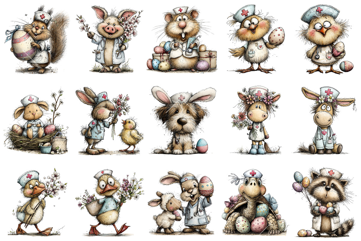 Whimsical Easter Nurse Animals Clipa, an Illustration by OK Design (Photo 3 of 6)