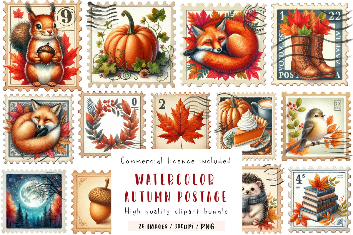 Watercolor Autumn Postage Stamp Clip, an Illustration by CreationArt (Photo 1 of 5)