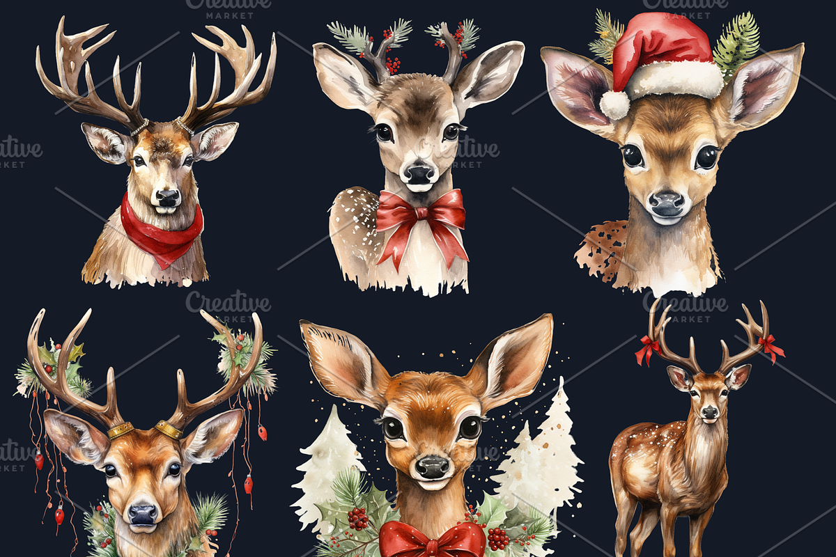 Watercolor Christmas Deer Clipart
