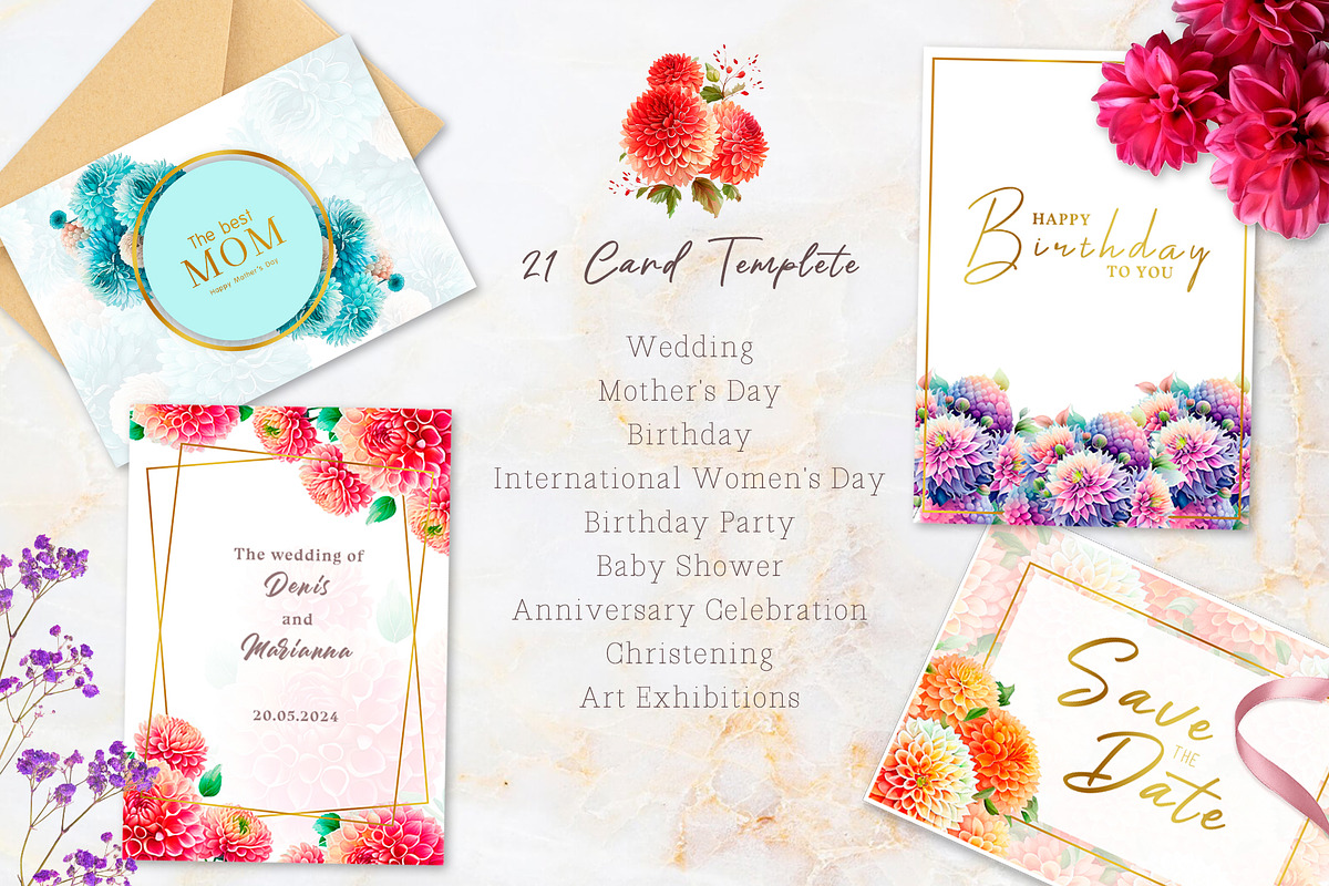 Watercolor Pompon Dahlia flower, a Card Template by Boo Guevara Shop (Photo 5 of 15)