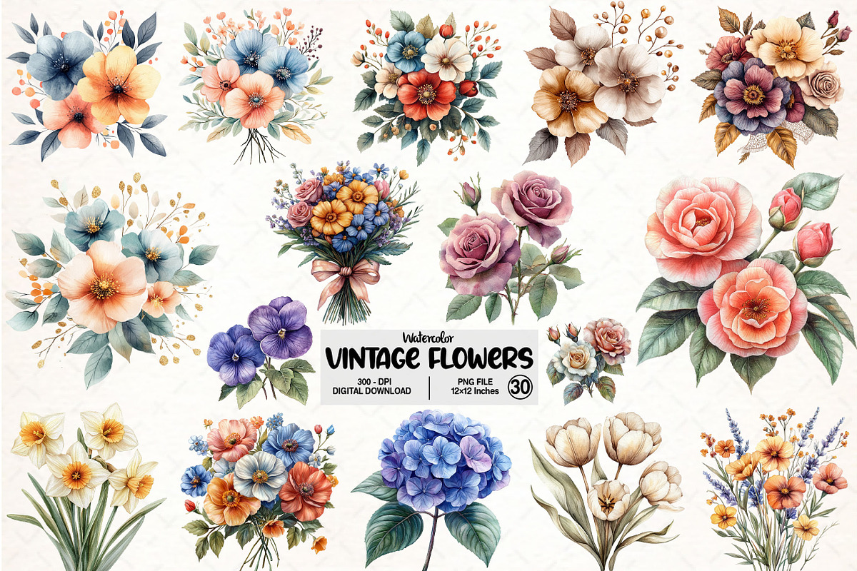 Vintage Flowers Sublimation Bundle, an Illustration by Pixels.Craft (Photo 1 of 7)