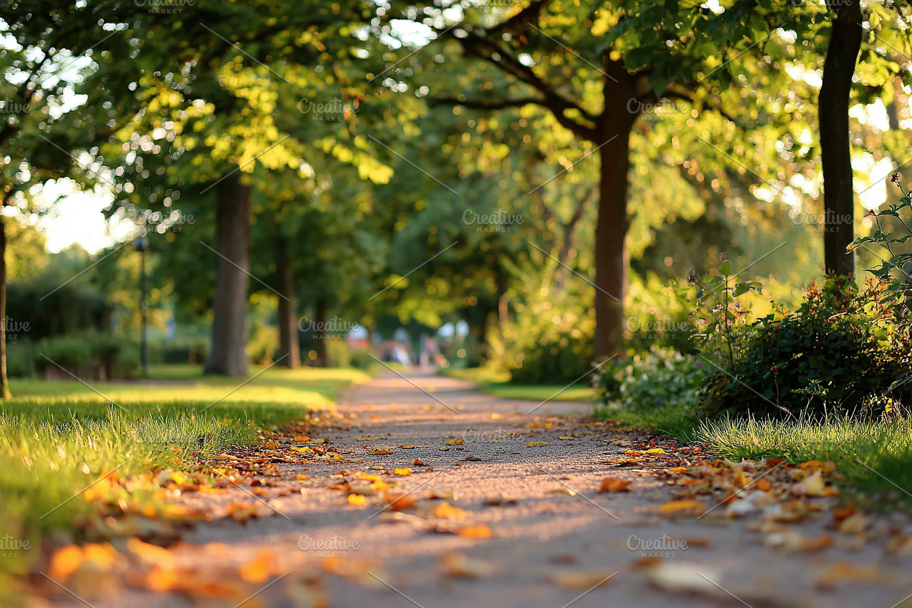 Serene park trail lined with trees and fallen leaves during golden hour in earl, a Nature Photo by AlyaAnd