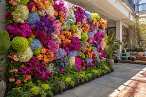 Colorful flower wall in a bright, a Photo by Pavel_design