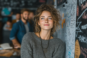 Smiling woman leaning on whiteboard in collaborative office environment, a Person Photo by AS photostudio