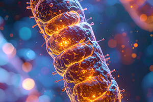 Glowing mitochondria structure with illuminated internal folds, a Health & Medical Photo by GoodGoods