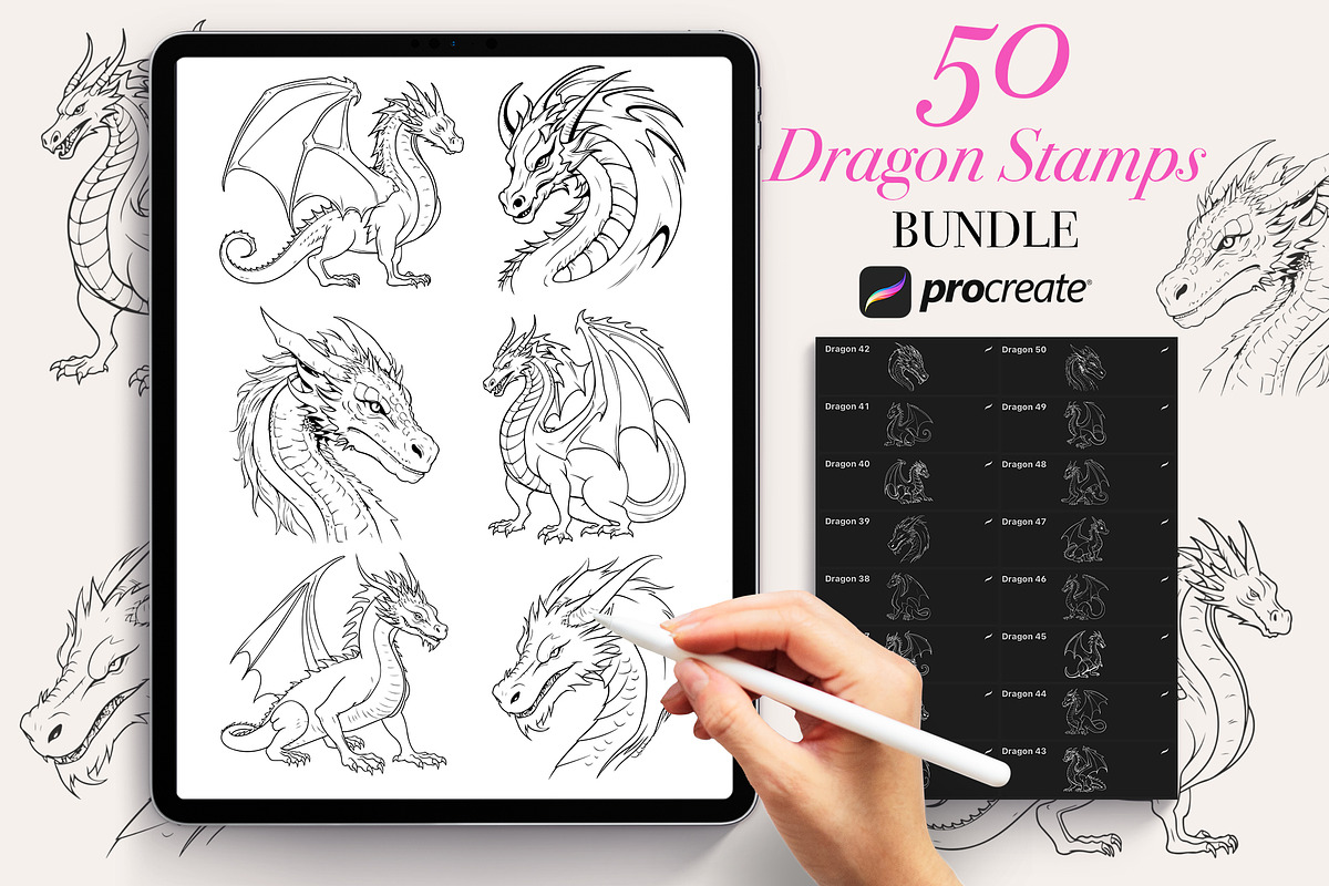50 Dragon Procreate Stamps Brushes, a Brush Add-On by Procreate Sale (Photo 1 of 6)